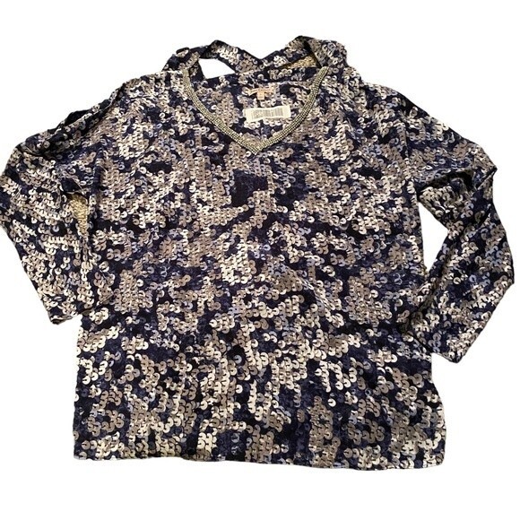 Juicy Couture sequin print long sleeve cutout top blue silver‎ size L - Picture 3 of 8
